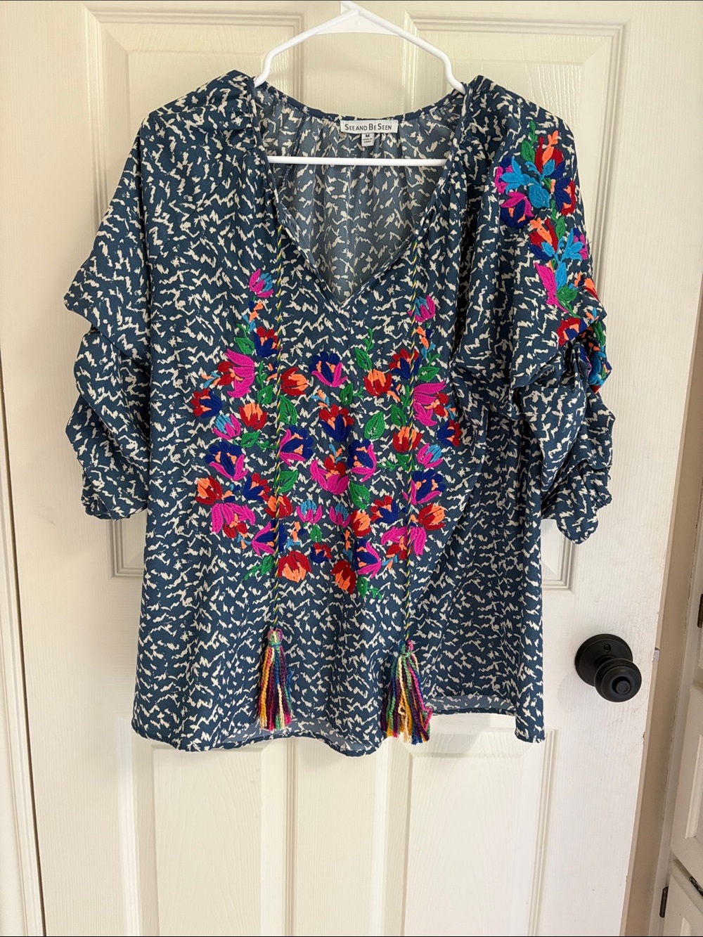 Sea and Sky Embroidered V-Neck Tassel Blouse - Navy